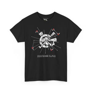 May include: Black t-shirt featuring a white graphic of a space station with the text "MOONBASE ALPHA".