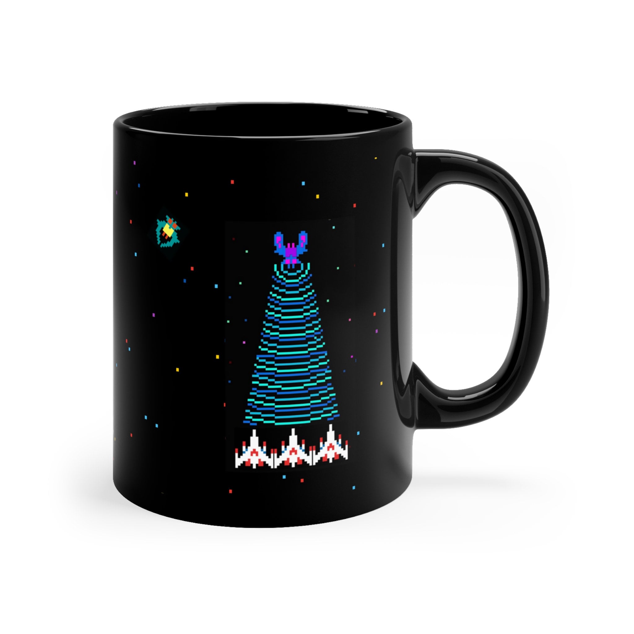 Galaga 11oz Mug video game classic arcade game 11oz Black Coffee Mug, Galaga fleet, starry background, Gen Z, 1980's arcade gamer