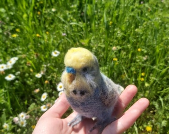 Puede incluir: Una mano sosteniendo un pequeño pájaro de fieltro gris y amarillo con un pico azul. El pájaro está sentado en la palma de la mano, y el fondo es un campo de hierba verde y flores blancas.