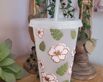 Trinkbecher Coldcup veredelt, mit Deckel und Strohhalm, Flower Blossom, Personalisiert