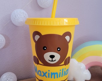 Trinkbecher, Coldcup veredelt, mit Deckel und Strohhalm, Bär, Bärchen, Personalisiert mit Name, Kinder