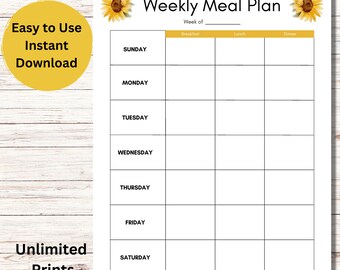 May include: A printable weekly meal planner with a sunflower design. The planner has sections for breakfast, lunch, and dinner for each day of the week.