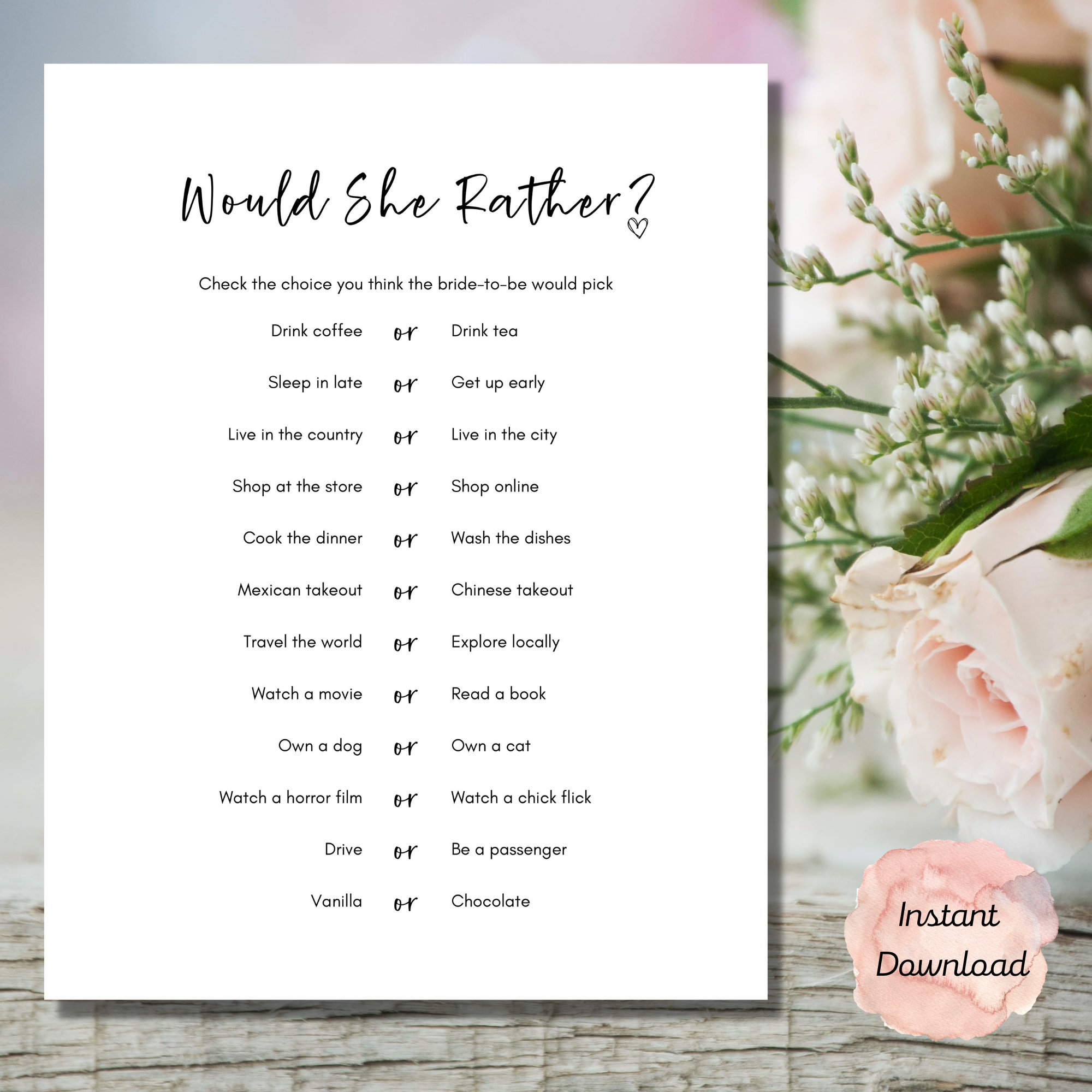 She Games Would She Rather Bridal Shower Game, Minimalist Bridal Shower ...