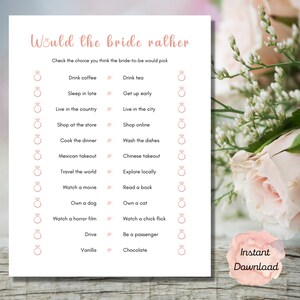 Would the Bride Rather Game, Bridal Shower Game, Would She Rather, Bachelorette Party Game, Printable Bridal Party Game, Instant Download