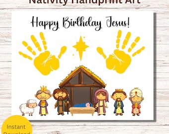 May include: A printable nativity scene handprint art craft for children. The image shows a yellow handprint, a star, a manger with baby Jesus, Mary, Joseph, a sheep, and three wise men. The text says "Happy Birthday Jesus!"