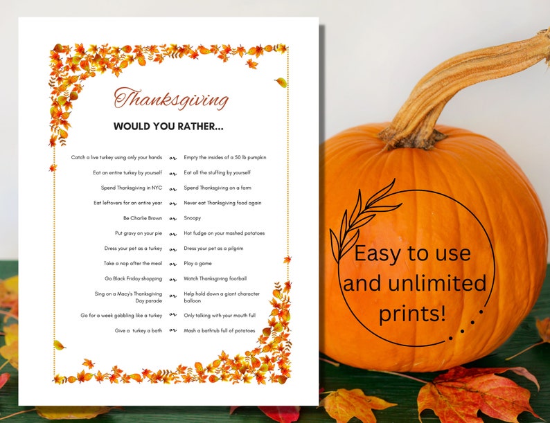 Thanksgiving Would You Rather Game, Printable Thanksgiving Game for ...