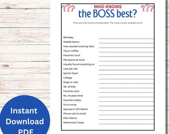 Who Knows the Boss Best Game, Office Party Games, Office Icebreaker, Staff Meeting Game, Printable Workplace Game, Get to Know your Boss