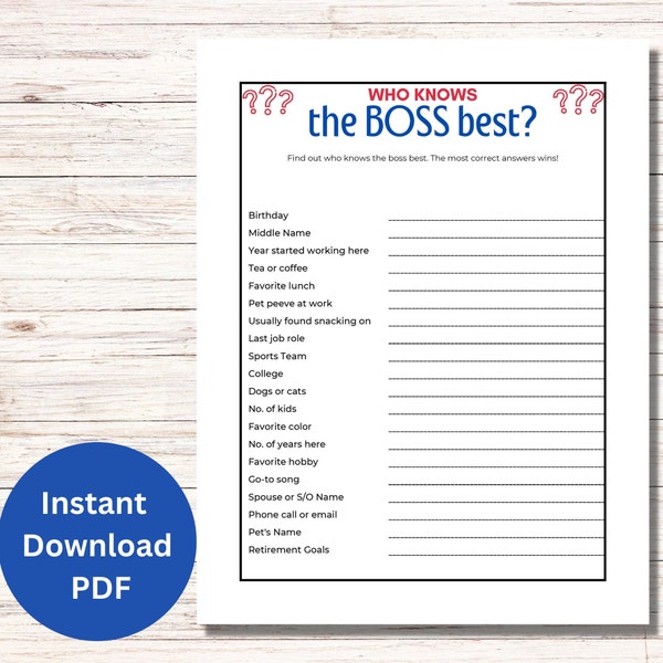 Who Knows the Boss Best Game, Office Party Games, Office Icebreaker, Staff Meeting Game, Printable Workplace Game, Get to Know your Boss