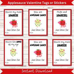San Valentino con salsa di mele, etichette regalo di San Valentino in classe, adesivi stampabili con salsa di mele di San Valentino, San Valentino senza caramelle, scambio di San Valentino