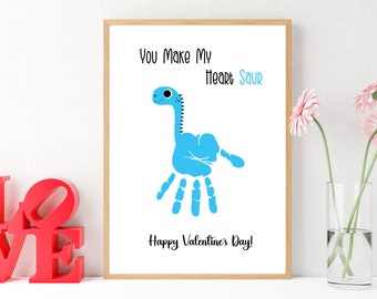 Dinosaur Valentine's Day Handprint Art, Dinosaur Handprint, You Make My Heart Saur, Handprint Craft, Valentine Keepsake, DIY Valentine Card