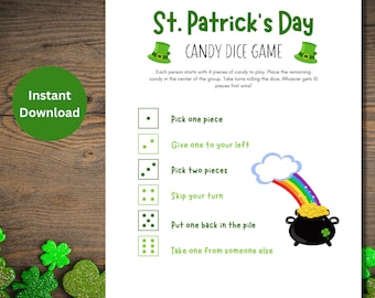 St. Patrick's Day Candy Dice Game, St. Paddy's Day Dice Game, Kids Dice Game, Pass the Candy Game, St Patrick's Day Classroom Activity