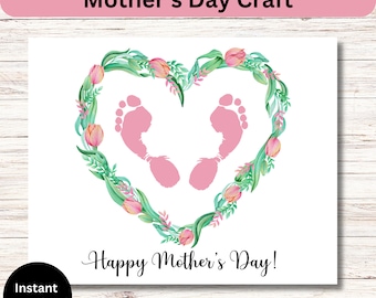 Utskrivbar fotavtryckskonst för mors dag, handavtryck för mors dag, blommande handavtryck, gör-det-själv-kort för mors dag, mammapresent från barn, babyfötter