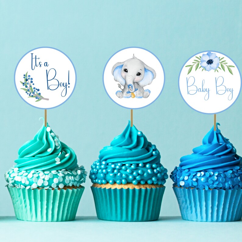 Blue Elephant Cupcake Toppers Elephant Baby Shower Cupcake Etsy