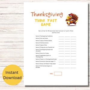 Thanksgiving Think Fast Game, Thanksgiving Games, Friendsgiving Games, Thanksgiving Trivia, Fall Trivia, Printable Thanksgiving Game, Funny