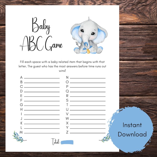 Elephant Baby ABC Game, Elephant Baby Shower, Baby Item Game, Baby Shower Games, Blue Elephant, Boy Baby Shower, Printable Alphabet Game