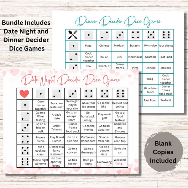 Dinner Decider and Date Night Decider Dice Game Bundle, Food Dice, Dinner Dice, Couples Game, Date Night Ideas, Printable Dinner Decision