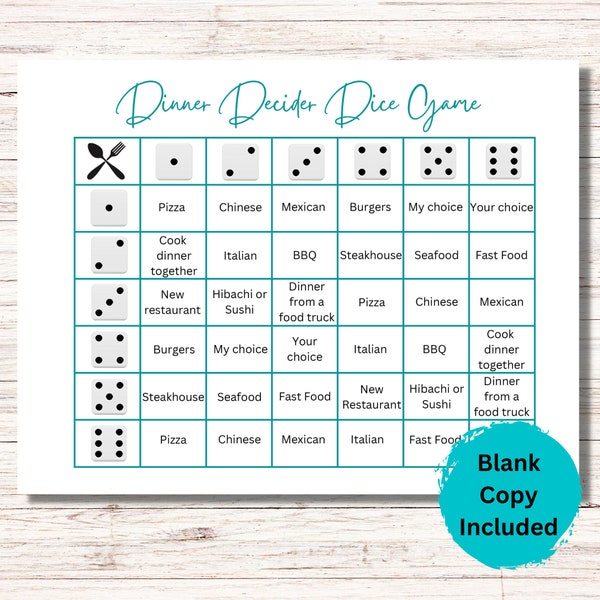 Dinner Decider Dice Game, Food Dice, Dinner Dice, Date Night Dice, Game for Couples, Printable Dinner Decision Dice Game, Food Takeout Dice