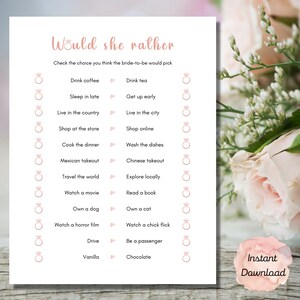 Would She Rather Bridal Shower Game, Bachelorette Would She Rather, Printable Bridal Party Games, Instant Download Who Knows Bride Best