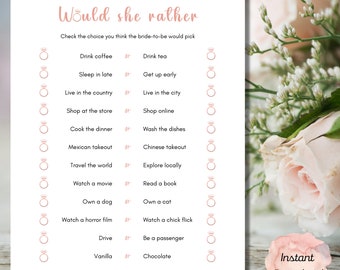 Would She Rather Bridal Shower Game, Bachelorette Would She Rather, Printable Bridal Party Games, Instant Download Who Knows Bride Best