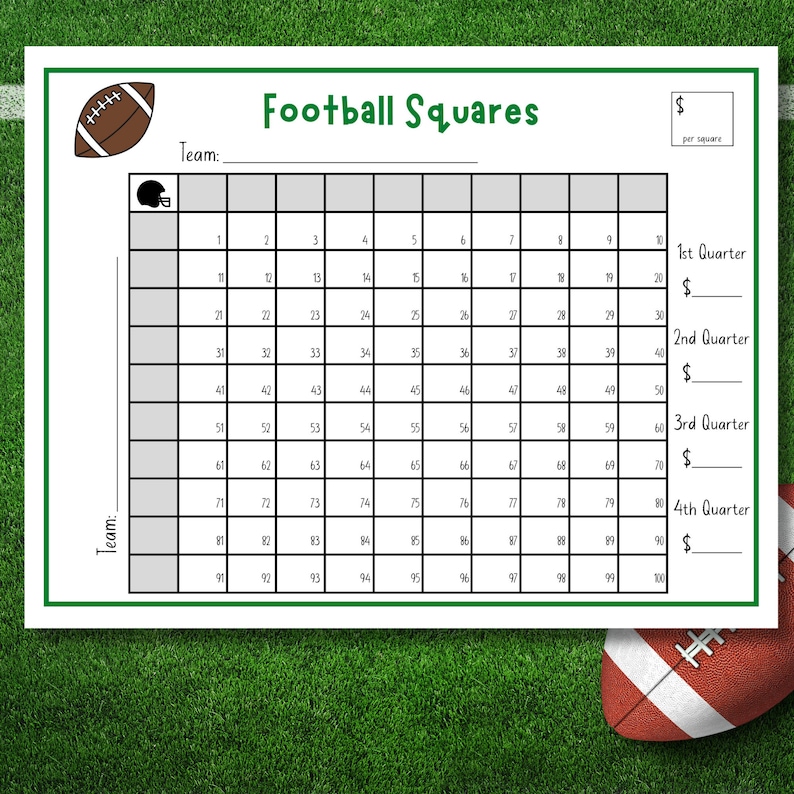 Football Squares Printable, Football Fundraiser, 100 Football Squares