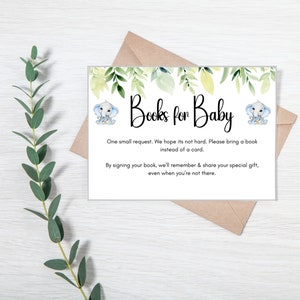 Livres pour carte de bébé, livres d'éléphant bleu pour bébé, carte d'insertion de douche de bébé, insertion d'invitation de douche, demande de livre, apportez une carte de livre