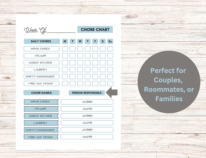 Chore Chart Printable Daily Chore Chart Couples Chore Chart Family Chore Chart Printable Daily Chore Chart Couples Chore Chart Family