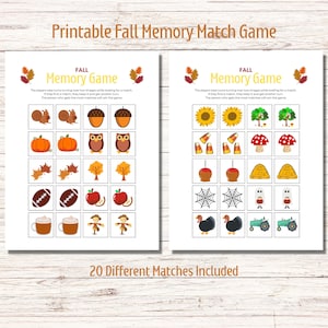 May include: Printable Fall Memory Match Game with 20 different matches. The game includes images of pumpkins, owls, acorns, leaves, footballs, apples, scarecrows, coffee cups, sunflowers, candy corn, mushrooms, caramel apples, hay bales, spiderwebs, ghosts, turkeys, and tractors.