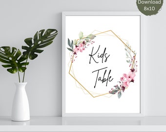 Pink Floral Kids Table Sign, Printable Kids Table Wedding Sign, Wedding Reception Signs, Wedding Decor, Wedding Kids Table