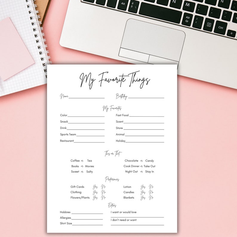 My Favorite Things List, All About Me Survey, Employee Favorites, Gift ...