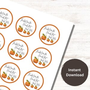 May include: A sheet of printable stickers with a fall theme. The stickers are round and feature a pumpkin design with the text "Thankful for the Hands that Teach Me".
