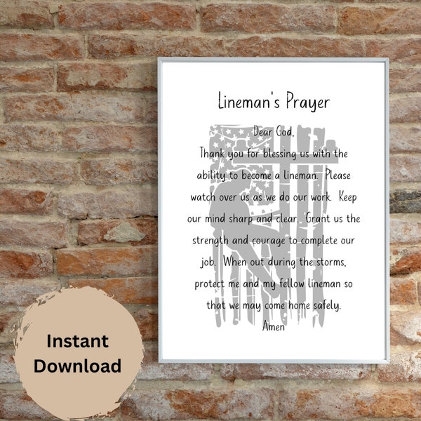 Linemans Prayer, Wall Art, Lineman Gift, Graduation Gift, Printable Linemans Prayer, Electrician Gift Ideas, Lineman Wife, Home Decor Sign