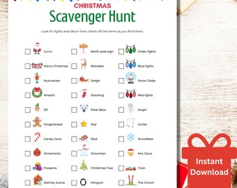 May include: A printable Christmas scavenger hunt checklist with a white background and colorful illustrations. The checklist includes items like Santa, reindeer, a snowman, a Christmas tree, and a train. The text "CHRISTMAS Scavenger Hunt" is at the top of the page. The text "Instant Download" is in the bottom right corner.