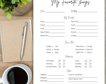 My Favorite Things List, All About Me Survey, Employee Favorites, Gift Questionnaire, Secret Santa Survey Form, Get to Know You, Team Build