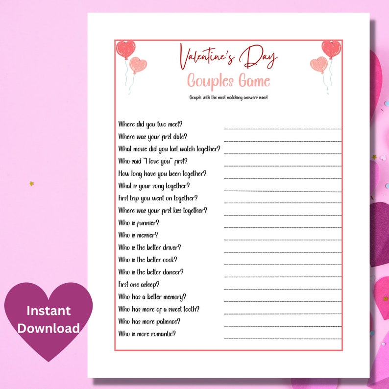 Valentine's Day Couples Game, Printable Valentine Games for Couples ...