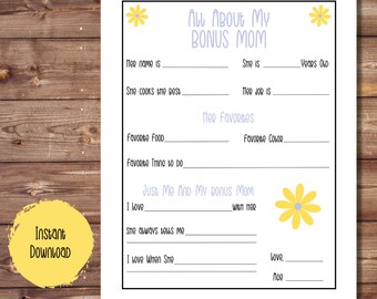All About My Bonus Mom Printable, Fill In The Blank, All About Mom, Mother's Day Questionnaire, Preschool Mother's Day, Bonus Mom Gift