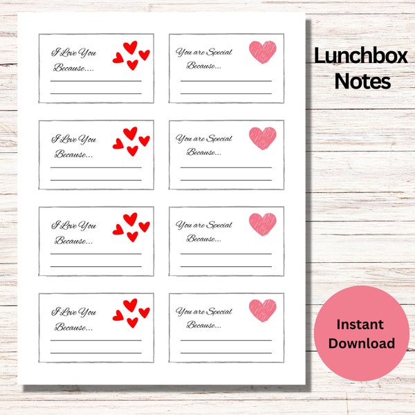 I Love You Because Cards, You are Special Because Cards, Reasons Why I Love You, Printable Love Notes, Love Notes for Lunchbox, Affirmations