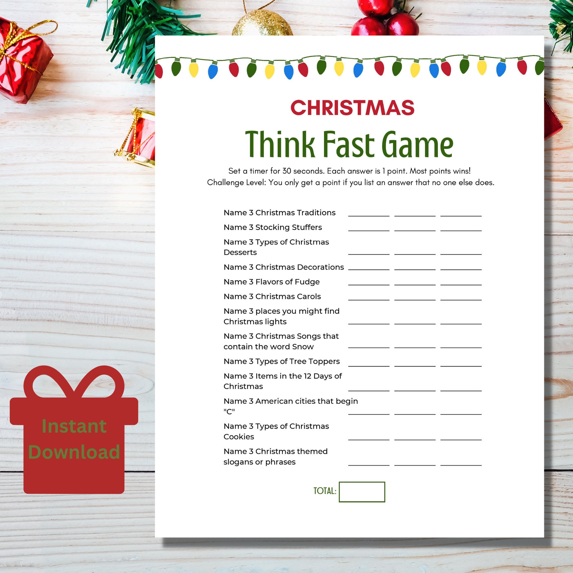 Christmas Think Fast Game Printable Instant Download 