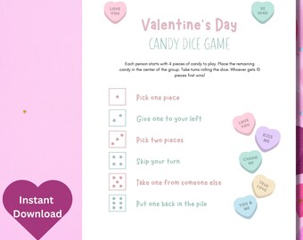 Pode incluir: Jogo de dados de doces para o Dia dos Namorados imprimível. As instruções do jogo são impressas em um fundo rosa claro com uma borda verde. As instruções incluem uma lista de ações a serem tomadas com base no número de pontos rolados em um dado. O jogo inclui uma variedade de gráficos de doces em forma de coração com mensagens do Dia dos Namorados.
