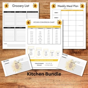 Sunflower Kitchen Bundle, Printable Kitchen Conversion Chart, Grocery List, Weekly Meal Plan, Recipe Cards, Menu Planner, Measurement Chart
