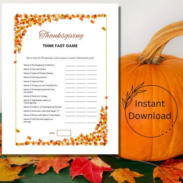 Thanksgiving Think Fast Game Printable, Instant Download Fall Game, Thanksgiving Trivia, Family Fun