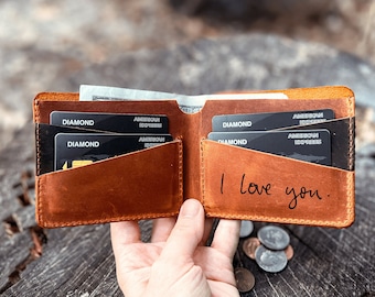 Handwritten Message Wallet for Men, Personalized Bifold Slim Wallet, Groomsmen Wallet, Best Man Gift, Anniversary Gift