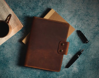 Handmade Full Grain Leather Journal for Writers, Personalized Refillable A5 Notebook Cover with Pen Holder