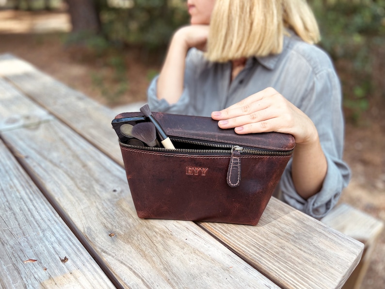 Personalized Makeup Bag, Leather Toiletry Bag, Cosmetic Bag with Initials, Monogram Bridesmaid Bag image 2