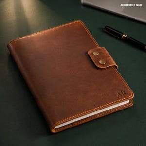 May include: A brown leather notebook cover featuring a secure strap with two brass-colored metal snap buttons. The cover has visible stitching along the edges and the initials AR embossed in the bottom right corner, accompanied by a black pen.