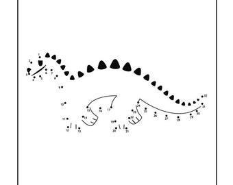 May include: A black and white connect-the-dots activity featuring a dinosaur. The numbers 1 through 32 are scattered around the outline of the dinosaur.