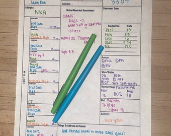 May include: A handwritten medical chart with the patient's name, Jane Doe, and a list of medications, vital signs, and treatment plan. The chart includes notes about the patient's condition and goals for treatment.