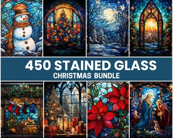 450 Stained Glass Christmas  Bundle PNG - High-Resolution - Digital Paper, Junk Journal, Scrapbooking