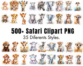 500+ Watercolor Safari Baby Animals Clipart, PNG - High-Resolution - Commercial Use