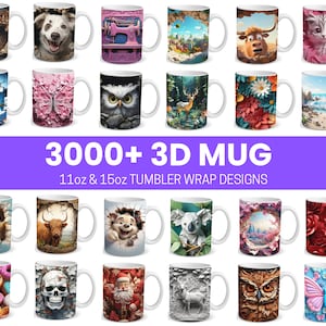 3000 3D MUG Sublimation Design Bundle, 11oz and 15oz PNG, 3D zdjęcie 1