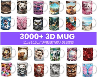 Plus de 3 000 mugs 3D par sublimation, PNG 11 oz et 15 oz, 3D